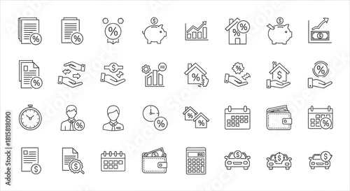 Collection of mortgage icons set of black and white vector illustrations of finance, loan, and property for design