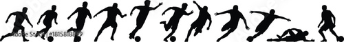 Soccer, player, silhouette, movement, action, kick, dribble, run, slide, ball, sport, athletic, black, dynamic, motion, graphic, training, technique, game, football