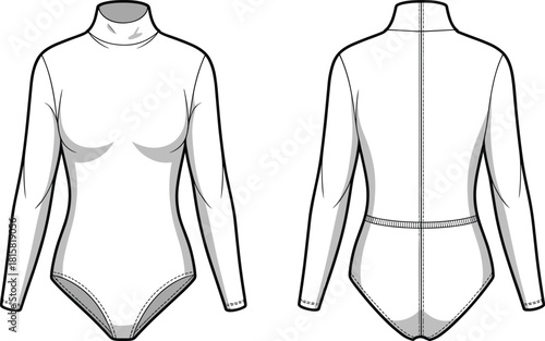 cad drawing flat vector illustration, bodysuit front back view, mock neck, contour seams, high cut leg, fashion technical sketch