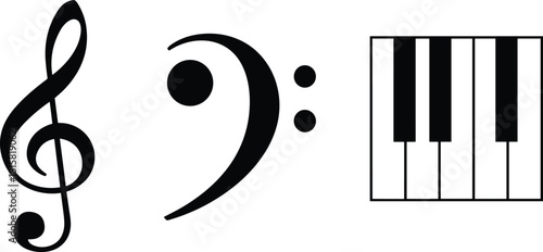 Treble clef, bass clef, piano, keyboard, music, symbol, icon, black, white, graphic, notation, sound, tone, harmony, melody, rhythm, instrument, classical, education, theory