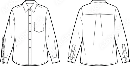 cad drawing flat vector illustration, button-up shirt front back view, chest pocket, box pleat, fashion technical sketch, garment design