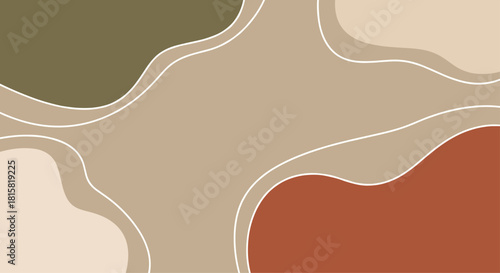 Abstract earth tone background, fluid organic shapes with white lines, beige brown boho minimal banner, cad drawing flat vector illustration.
