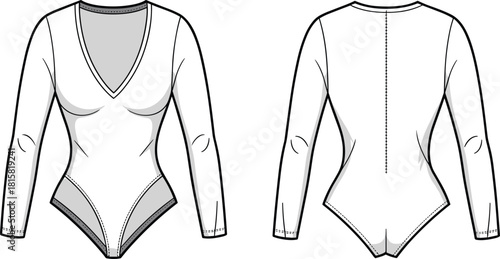 cad drawing flat vector illustration, long sleeve bodysuit front back, fashion sketch, apparel design, garment template, clothing mockup, v-neck
