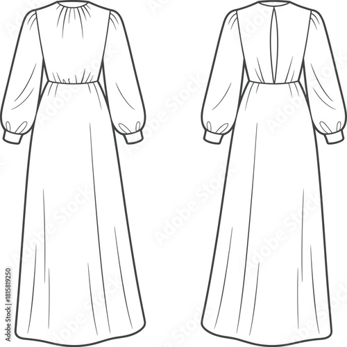cad drawing flat vector illustration, long sleeve dress front back view, gathered neckline, keyhole back, fashion technical sketch