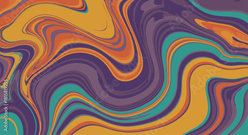 Abstract liquid marble background, colorful psychedelic swirl texture, purple orange and teal fluid art, retro style design, cad drawing flat vector illustration.
