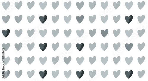 Seamless repeating pattern of simple hand-drawn hearts in various shades of gray creating a subtle romantic texture for backgrounds or wrapping paper.