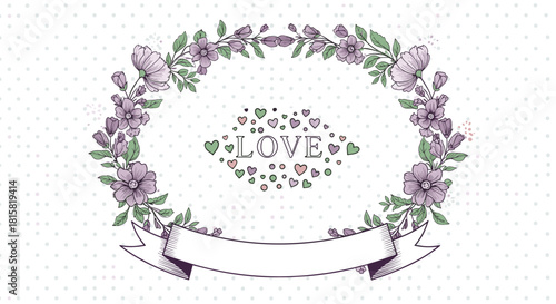 Vintage hand-drawn oval floral wreath with a blank ribbon banner and the word LOVE surrounded by hearts on a subtle polka dot background.