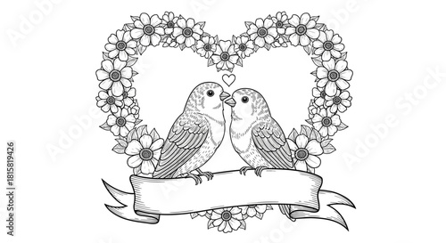 Two cute lovebirds sit together under a heart-shaped floral wreath with a blank banner below in a detailed black and white line art illustration.