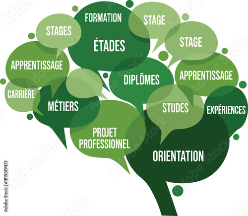 Tree, speech bubble, education, career, formation, orientation, diploma, experience, apprenticeship, student, professional, French, graphic, silhouette, concept, development, learning, study