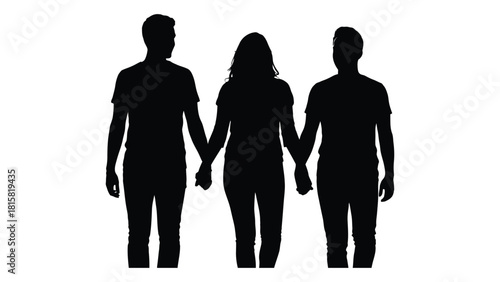 Three people holding hands silhouette isolated on white background, Vector