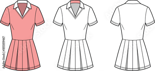 cad drawing flat vector illustration, pleated dress front back view, short sleeve V-neck, fashion technical sketch, garment design