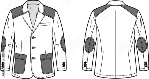 cad drawing flat vector illustration, tailored jacket front back view, contrast panels, elbow patches, fashion technical sketch, garment design
