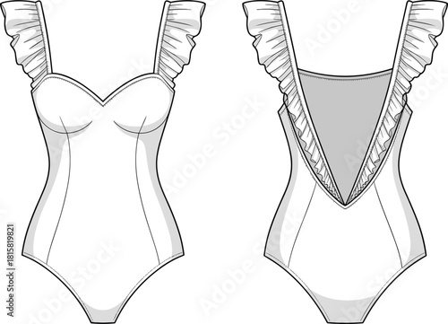 cad drawing flat vector illustration, swimsuit front back view, ruffled straps, sweetheart neckline, fashion technical sketch, garment design