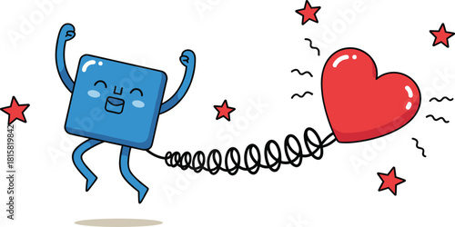 Happy blue square cartoon character jumping with bouncing red heart on spring, love surprise concept, cad drawing flat vector illustration.