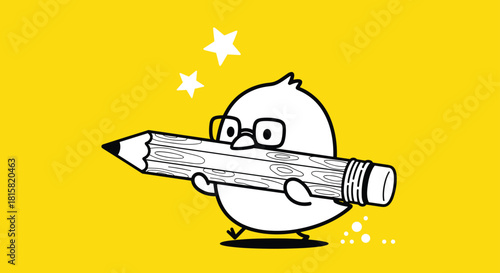 Smart cartoon bird mascot wearing glasses carrying giant pencil, education creative writing concept, cad drawing flat vector illustration.