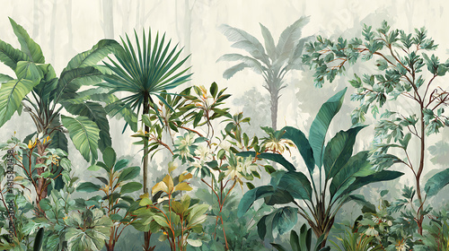 Tropical jungle foliage mural with epiphytes creating serene cloud forest atmosphere for decorative print backgrounds.