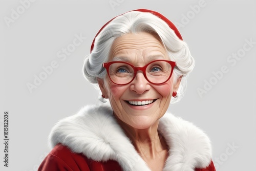 Portrait of a smiling elderly woman with silver hair, wearing red glasses and outfit