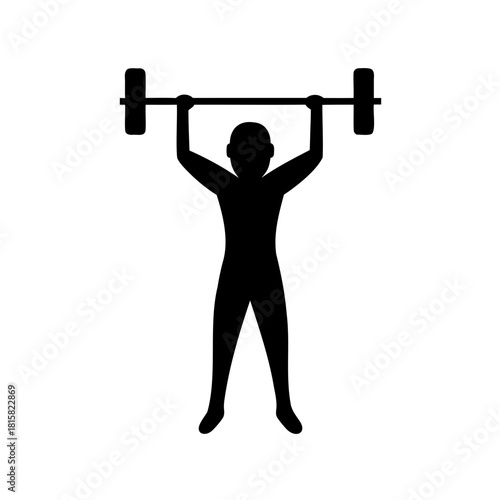 Person lifting barbell overhead, fitness workout strength icon.