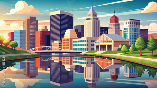 Very beautiful cityscape view of Dayton, Ohio, showcasing modern riverside buildings and bridges reflecting softly on the calm Miami River, creating a serene and balanced urban landscape composition.