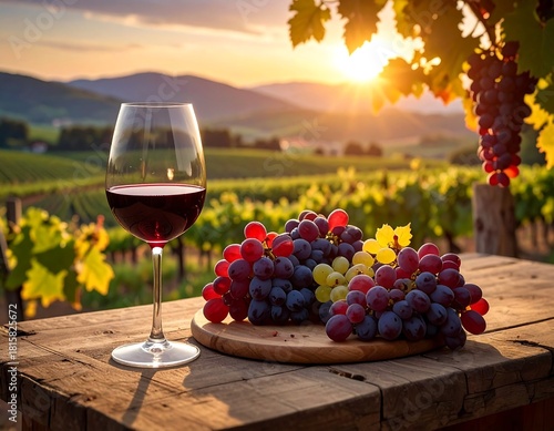 Wallpaper Mural A wine glass, grapes on a wooden board at sunset Torontodigital.ca