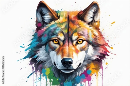 Vibrant watercolor portrait of a wolf with multi-colored fur and splattered paint effect