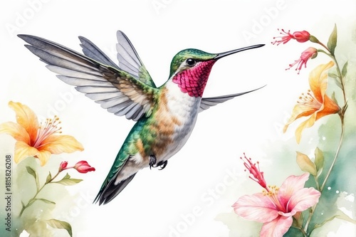 Watercolor illustration of a hummingbird in flight near colorful hibiscus flowers