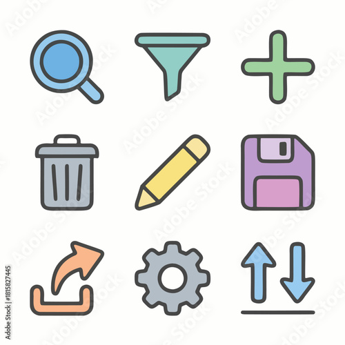Flat UI Interface Icon Set – Search, Filter, Add, Trash, Edit, Save, Share, Settings & Sync Symbols