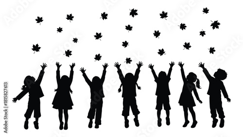 Children catching autumn leaves silhouette isolated on white background, Vector