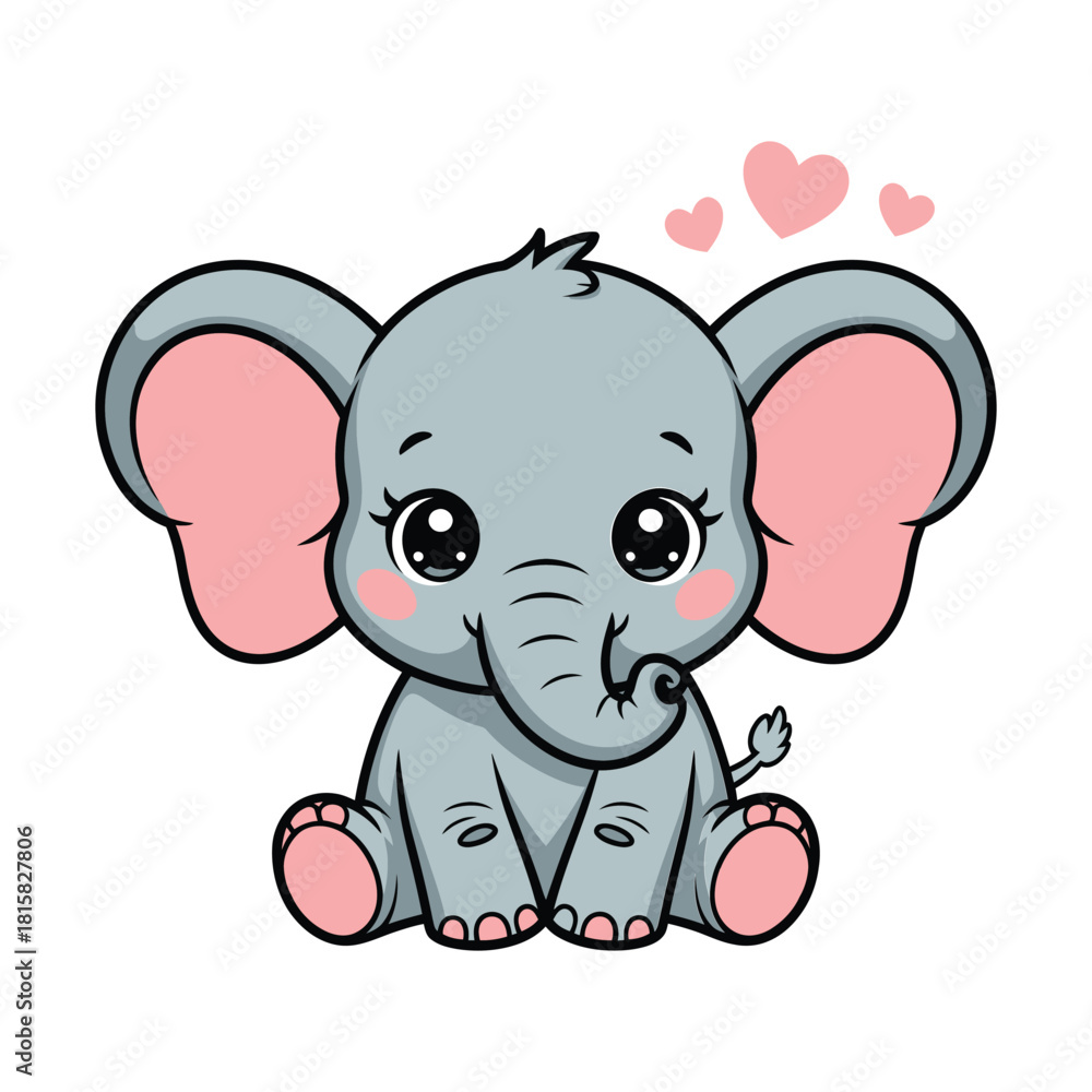 Fototapeta premium A sweet baby elephant with hearts floating above, isolated on