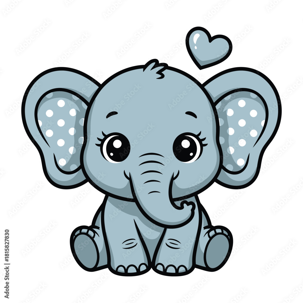Naklejka premium Cute baby elephant sitting with a heart, isolated on adorable cartoon animal with big eyes and polka dot ears for kids design and decoration