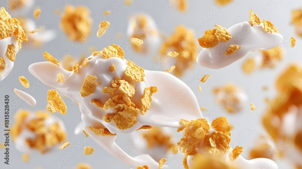 Obraz premium Close up of crunchy golden cereal flakes suspended in dynamic splashes and swirls of smooth white yogurt evoking a sense of healthy refreshing breakfast motion