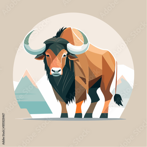 A stylized vector illustration of an animal mascot, a brown bull with a black mane and horns, standing in front of a mountain range. Perfect for logos, branding, and marketing materials.