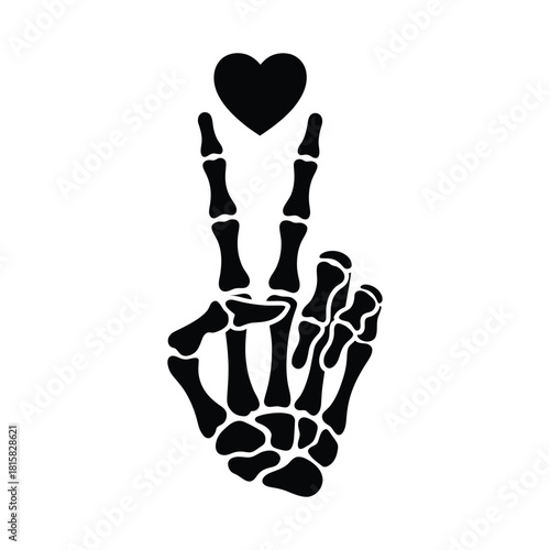 A skeletal hand making a peace sign with a heart floating above it, isolated on a symbol of love, peace, and mortality in a simple design