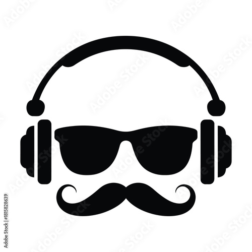 A cool dude with headphones, sunglasses, and a mustache, isolated on a symbol of music, style, and individuality in a simple design