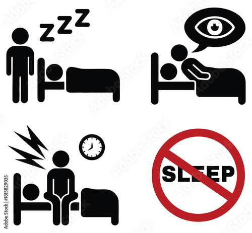 Sleep Disturbance Icons, insomnia symbols, alarm clock, stress posture, prohibition sign, Insomnia Concept Illustration, sleeping figure, tired man, no-sleep warning badge