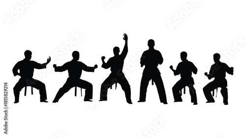 Karate silhouettes in various poses isolated on white background, Vector