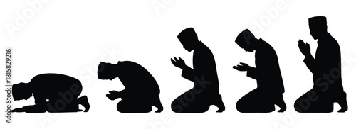 Praying Silhouettes, religious devotion poses, kneeling figures, worship graphic row, Prayer Posture Icons, supplication sequence, spiritual kneeling silhouettes