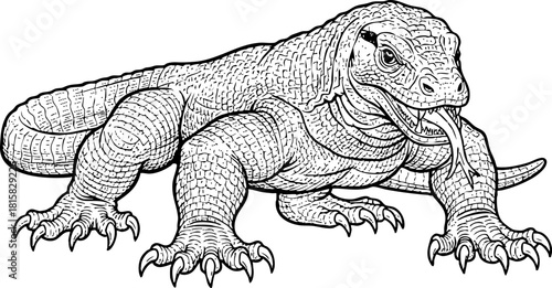 Komodo Dragon Reptile Line Drawing Illustration