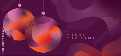 Baubles and Merry Christmas Modern Banner Card with Dynamic and Smooth Flowing Gradient Shapes in Plum, Light Pink and Vibrant Orange