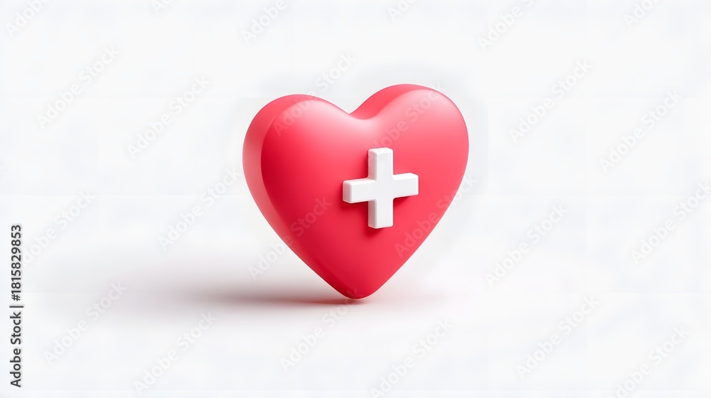 Obraz premium This 3D rendered icon depicts a glossy red heart adorned with a white medical cross symbolizing health wellness and the importance of medical care