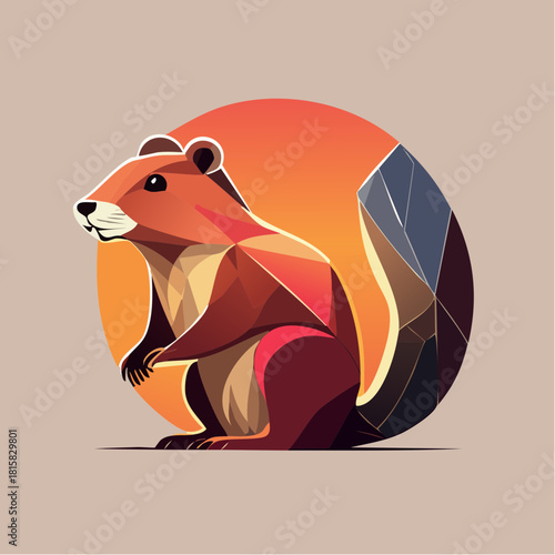 Modern geometric squirrel logo illustration with a crystallized tail, sitting in a warm orange circle. A stylized low-poly design for a brand mascot or icon