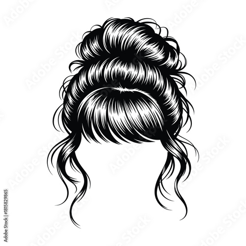 Messy bun hairstyle illustration isolated on, capturing the casual and effortless style with loose strands and textured details in a monochrome design