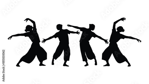 Four dancers in silhouette isolated on white background, Vector