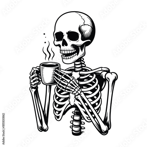 A skeleton is depicted drinking coffee, isolated on, showcasing a humorous take on mortality and caffeine addiction in a monochrome illustration