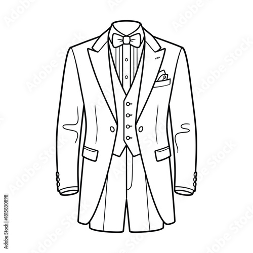 A meticulously detailed morning suit is displayed, isolated on, showcasing the elegance and formality of classic menswear in a monochrome line drawing