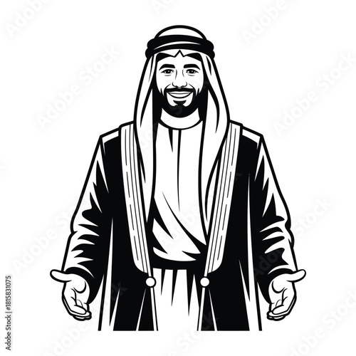 Monochrome illustration of a smiling arab man with open arms, wearing traditional clothing, isolated on vector art of a friendly middle eastern person