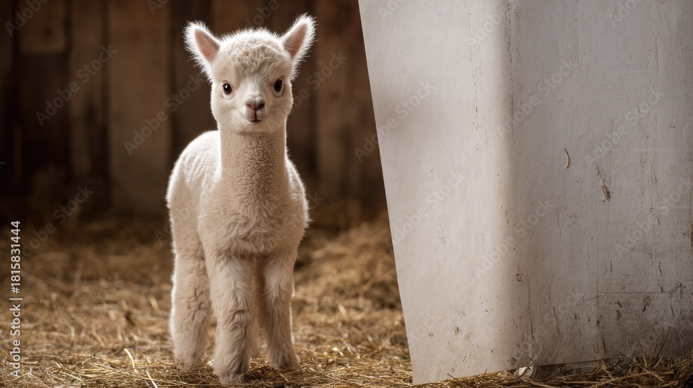 Naklejka premium Adorable baby alpaca in barn