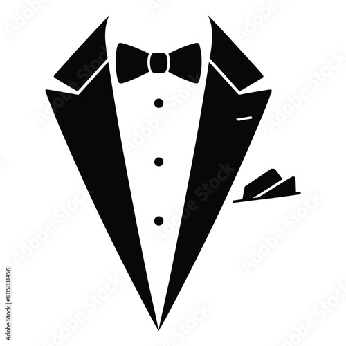 A black tuxedo with a bow tie and pocket square, isolated on the tuxedo is a symbol of elegance and sophistication