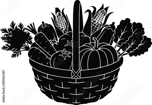 Vintage silhouette basket overflowing with fresh harvest vegetables