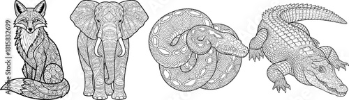 Intricate Zentangle Animals Pattern Fox Elephant Snake Crocodile Art